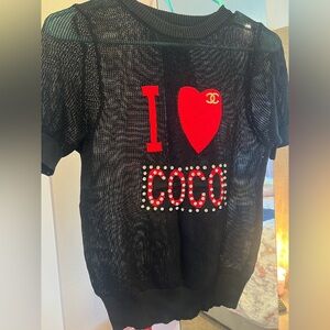 CHANEL Black Sheer Knit Top with Red Heart and Logo